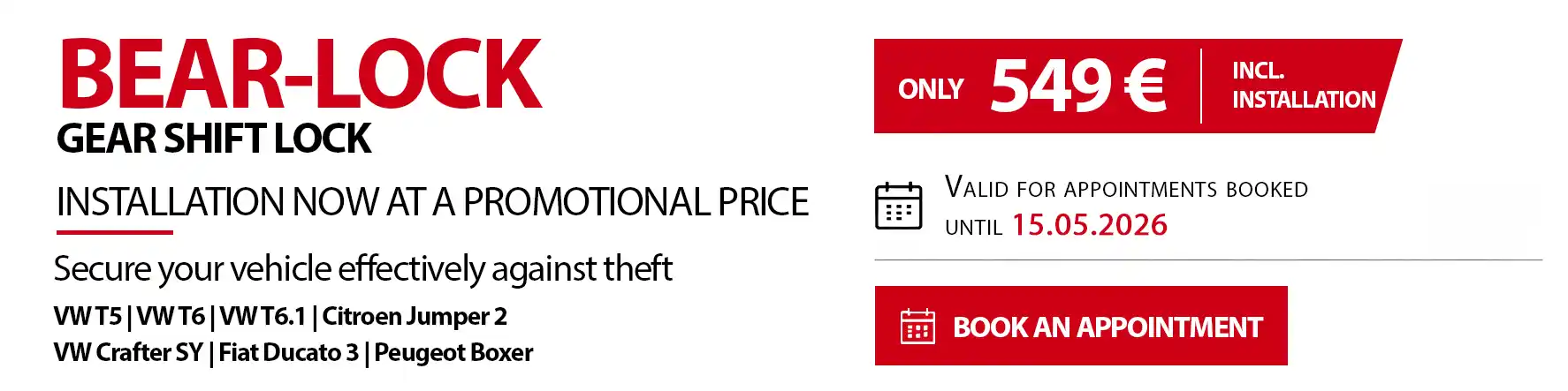 Bear-Lock gear shift lock offer incl. installation for VW T5, T6, Crafter and vans – anti-theft protection from €549