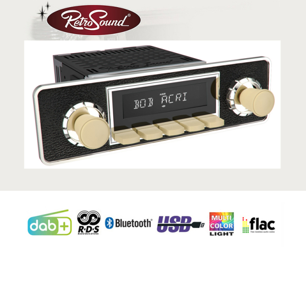 Autorradio RETROSOUND con RDS, USB, Bluetooth A2DP, sistema manos libres y DAB+ set completo "Ivory" con accesorios