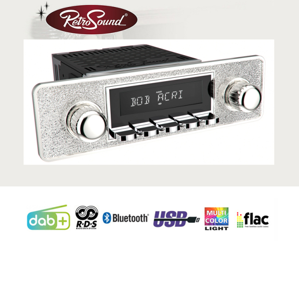 RDS, USB, Bluetooth A2DP, eller serbest sistem ve DAB+ komple set "Gümüş" aksesuarlı RETROSOUND araç radyosu