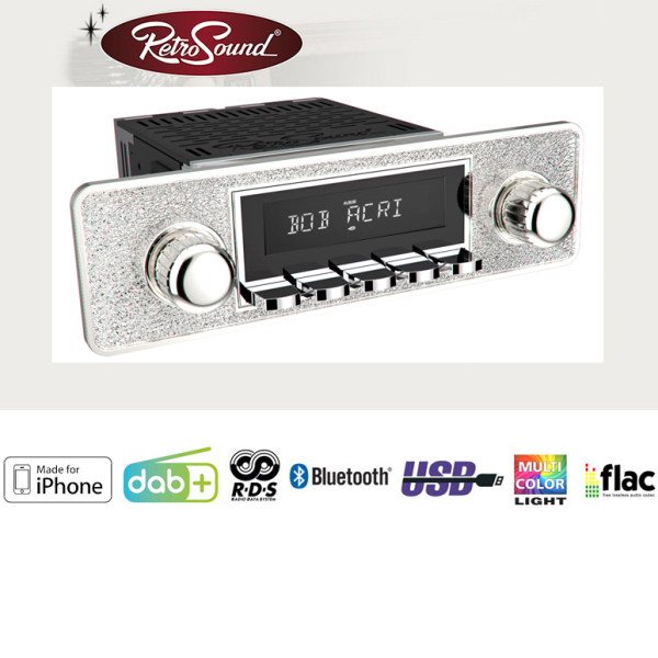 RETROSOUND Autoradio mit RDS, iPhone Steuerung, USB, Bluetooth A2DP, Freisprecheinrichtung und DAB+  Komplett-Set "Silver" mit Zubehör