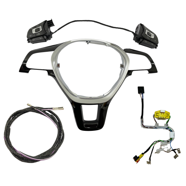 Conversion kit leather steering wheel to multifunction steering wheel for VW T6 including retrofitting of the GRA via the MFL, for vehicles with GRA on the steering column lever, including new steering column switch without GRA and without MFA