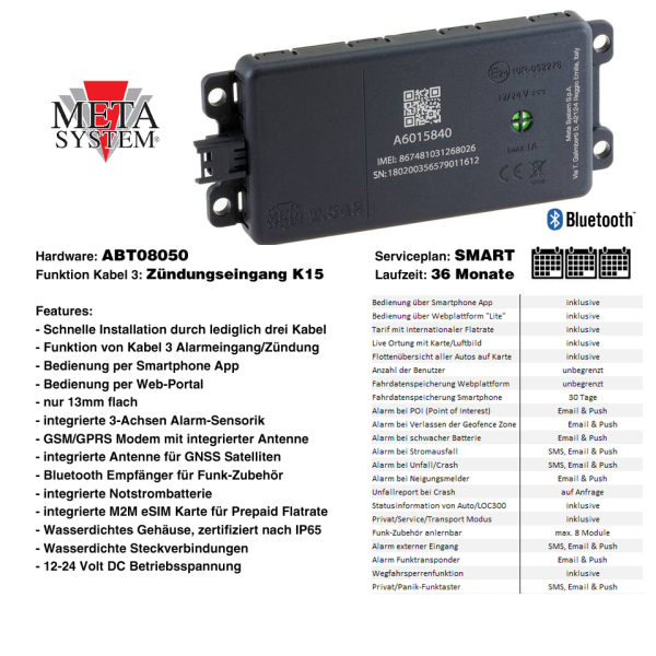 META SYSTEEM GNSS-positioneringssysteem inclusief flatrate (12-24V) met "IGNITION INPUT" - Serviceplan "SMART" - Vooruitbetaalde termijn "36 MAANDEN"