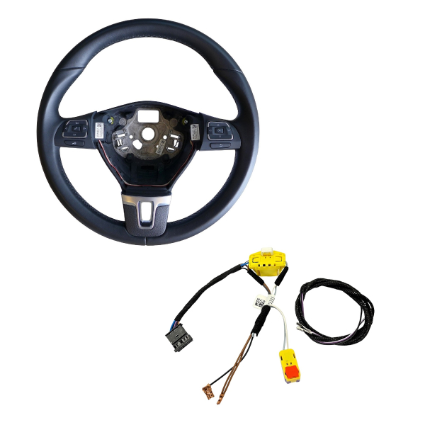 Retrofit kit leather - multifunction steering wheel with black stitching for VW T5 Facelift (complete set for retrofitting for vehicles with plastic steering wheel)