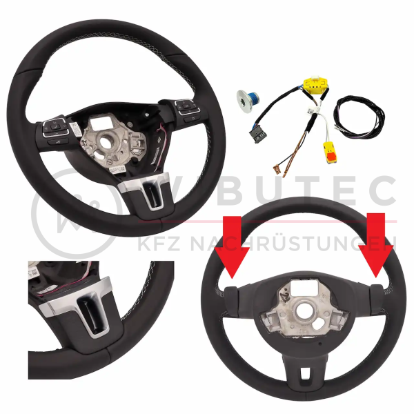 Retrofitset leder - multifunctioneel stuurwiel met schakelpaddles voor VW T5 Facelift en zwarte stiksels (complete set voor retrofit voor voertuigen met kunststof stuurwiel)