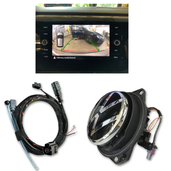 VW Polo AW retrofit kit original Volkswagen emblem rear view camera, high version with dynamic guide lines, version with old VW logo