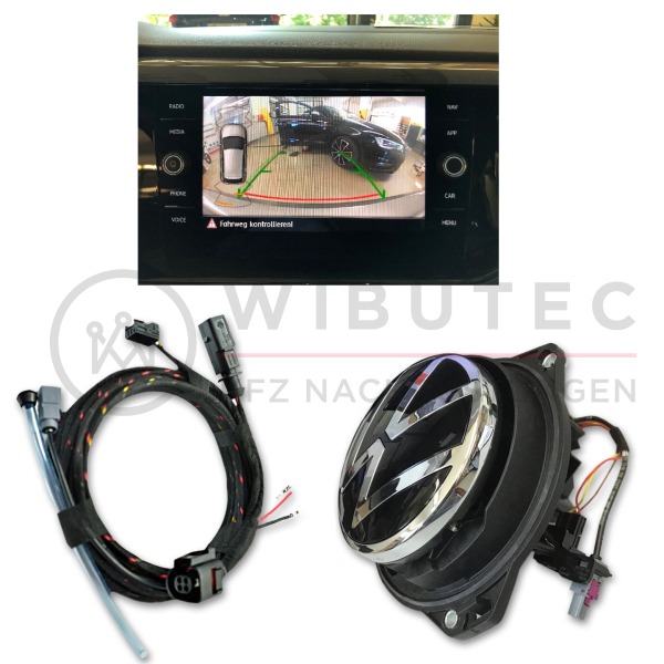 VW Polo AW Nachrüstsatz Original Volkswagen Emblem Rückfahrkamera, Variante High mit dynamischen Hilfslinien, Ausführung mit altem VW-Logo