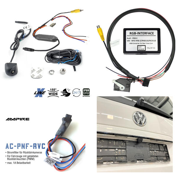 Retrofit kit, accessories, wide-angle rear view camera for VW T5 and T5.2 RNS 315 or RNS 510 or RCD 510