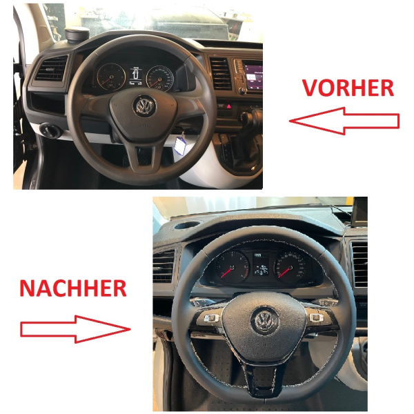 Retrofit kit flattened leather - multifunction steering wheel with shift paddles for VW T6 (complete set for retrofitting for vehicles with plastic steering wheel), seam color black/truffle, buttons without GRA