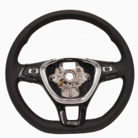 Retrofit kit flattened leather - multifunction steering wheel with shift paddles for VW T6 (complete set for retrofitting for vehicles with plastic steering wheel), seam color black/truffle, buttons without GRA