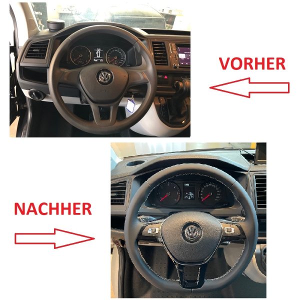 Retrofit-set, glad leer - multifunctioneel stuur voor VW T6 (complete retrofit-set voor voertuigen met kunststof stuurwiel) -nee, GRA-uitbreidingsset bestellen (bediening via GRA-hendel)