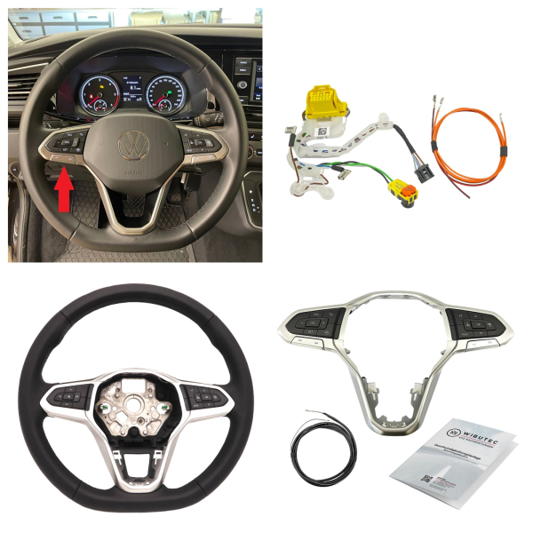 VW T6.1 retrofit kit leather multifunction steering wheel with perforated leather including control buttons for cruise control system (GRA already installed on the steering column switch)