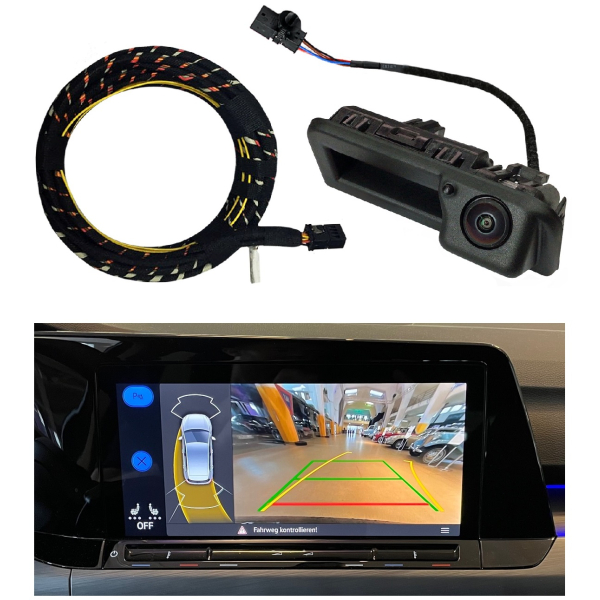 Ombouwset originele Volkswagen achteruitkijkcamera voor VW Golf 8 Variant en Alltrack, inbedrijfstelling mogelijk zonder SVM, instap infotainment (PR-nummer: I8Q), camera incl. sproeierkop + Y-waterslang
