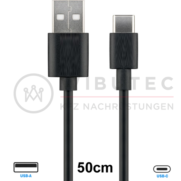 USB-A cable to USB-C connector, 0.5m, black