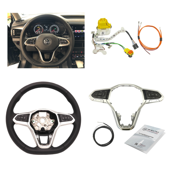 VW T-Cross C11 retrofit kit multifunction steering wheel (smooth leather version / perforated sides, without shift paddles) including cruise control retrofit kit